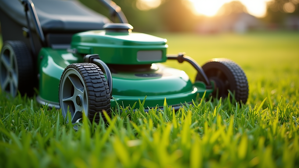 Close-up of a green lawn mower on a freshly cut grass field