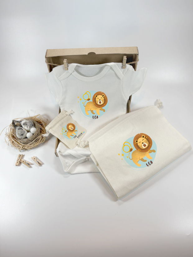 Aslan Burcu Tasarımlı %100 Pamuklu Bebek Body ve Ham Keseli Hediye Seti