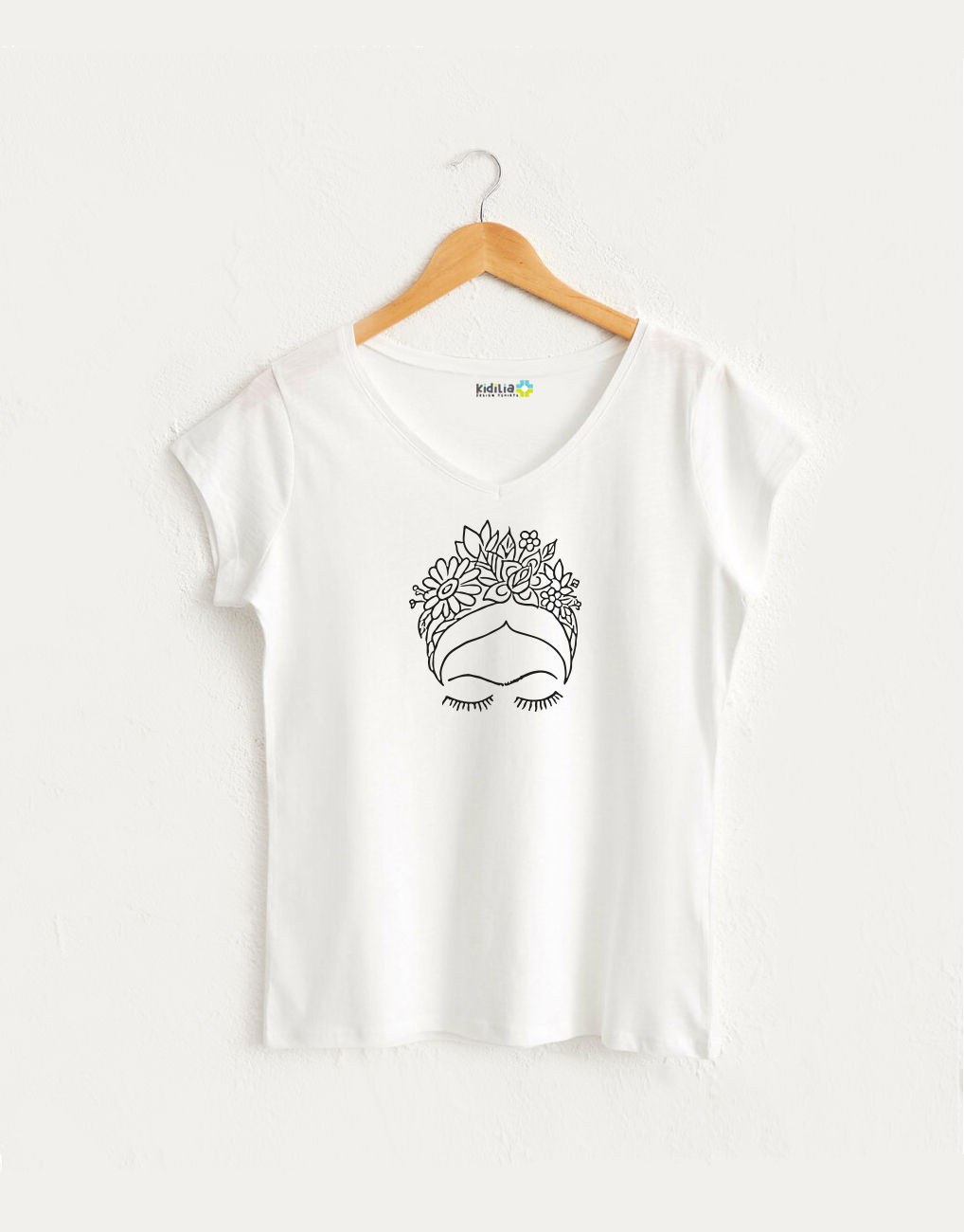 Çizgisel Frida Görselli V Yaka Kadın Beyaz Tasarım Tshirt