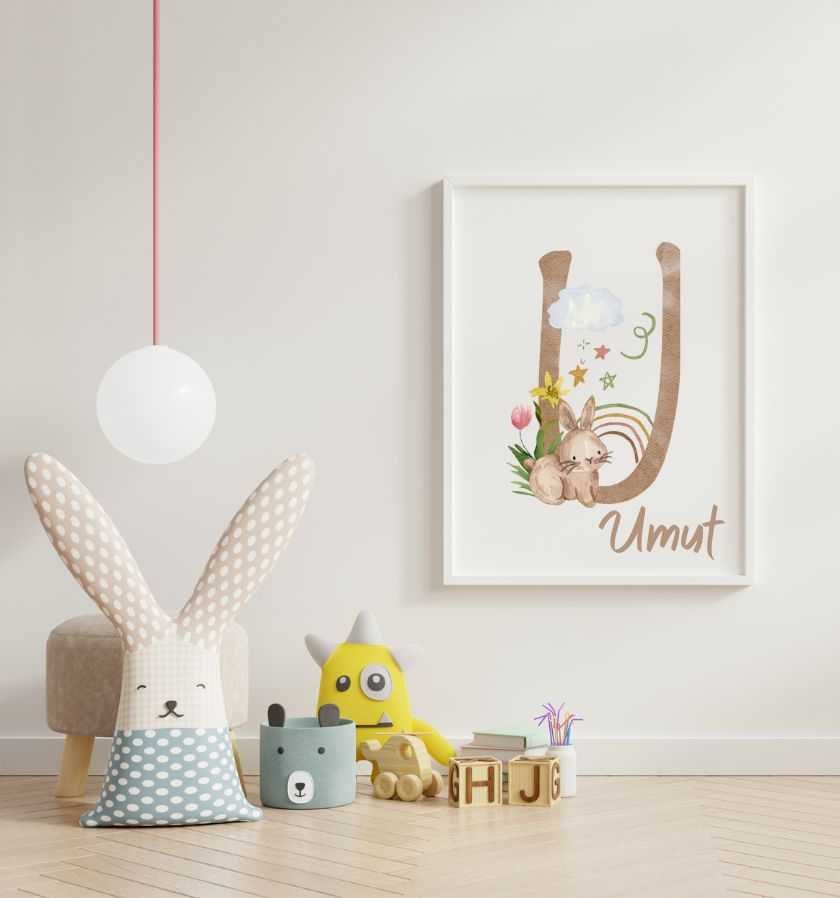 U Harfli Tasarımlı Kişiye Özel Bebek Odası Duvar Tablosu 21x30cm