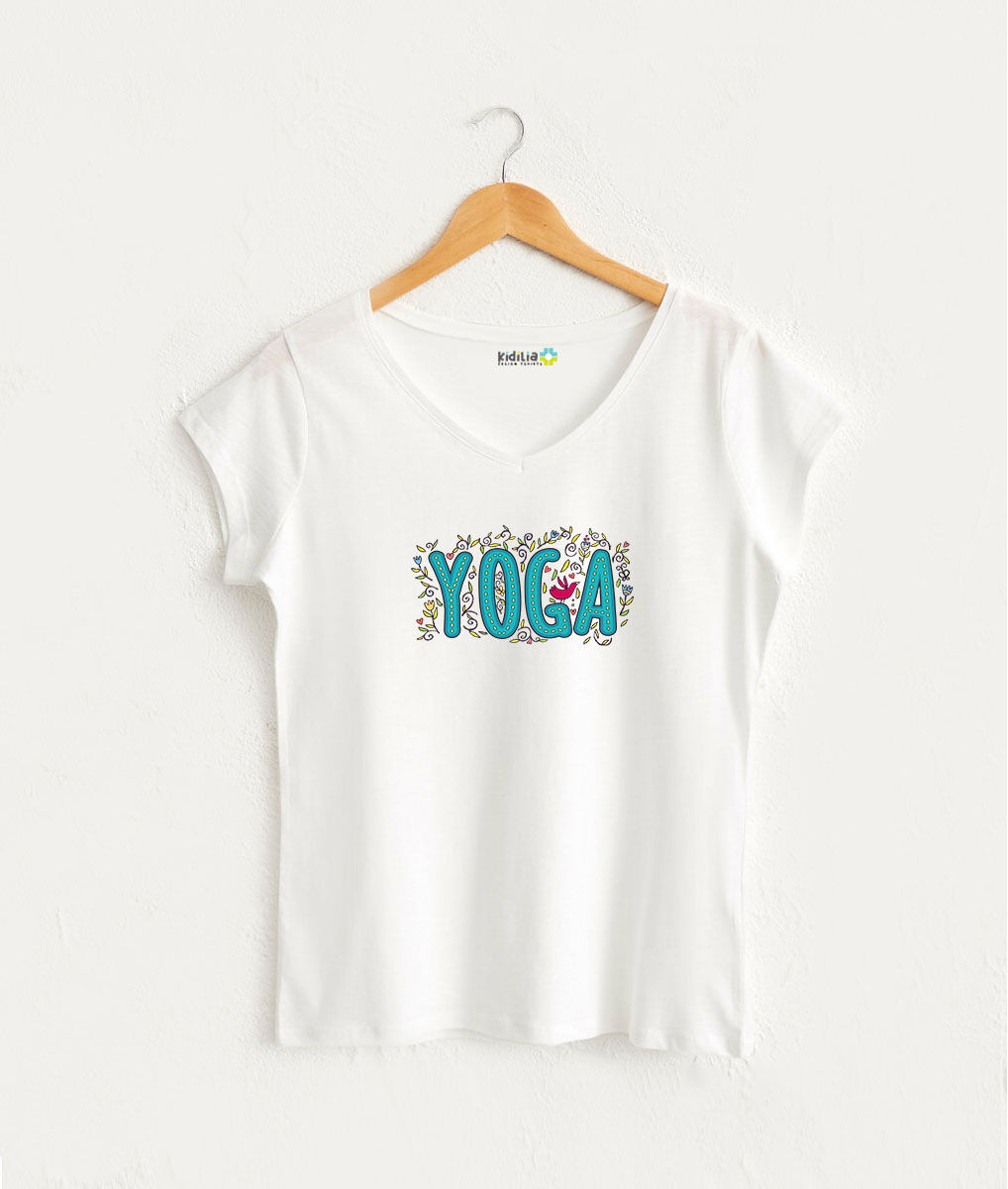 Çiçekli Yoga Yazılı Beyaz Tasarım Tshirt