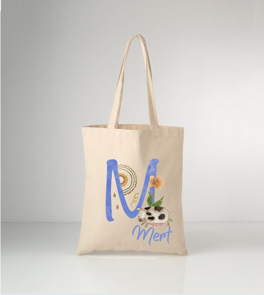 M Harfli Tasarımlı Kişiye Özel Ham Bez Çanta 35x40cm