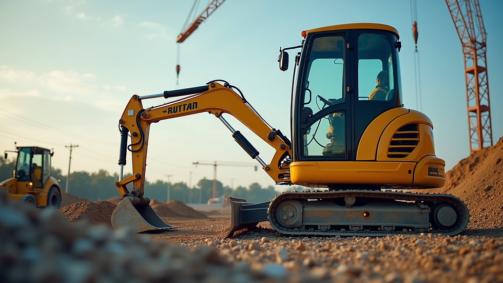 Eye-level view of a yellow mini excavator parked on a construction site