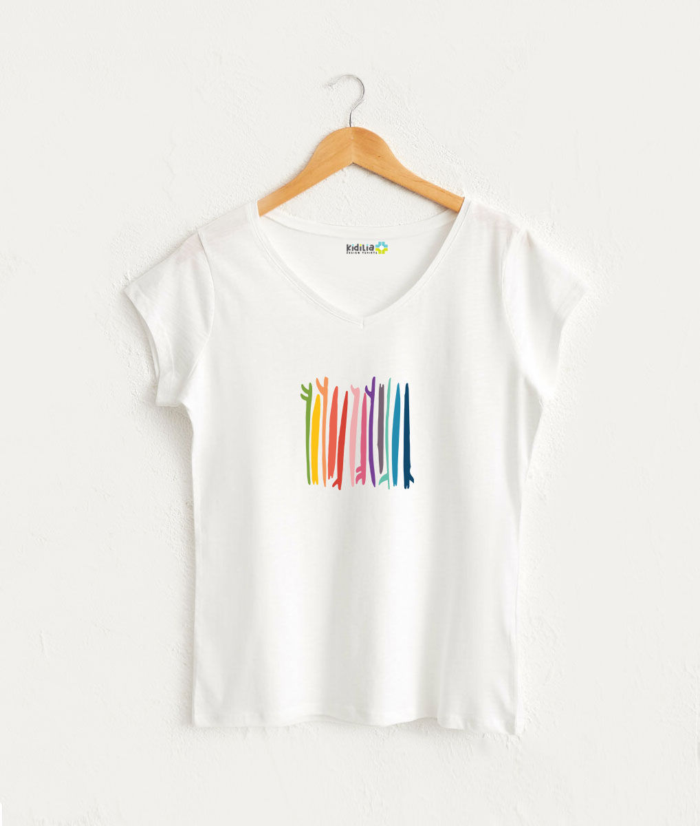 Renkli Sörf Görselli V Yaka Kadın Beyaz Tasarım Tshirt