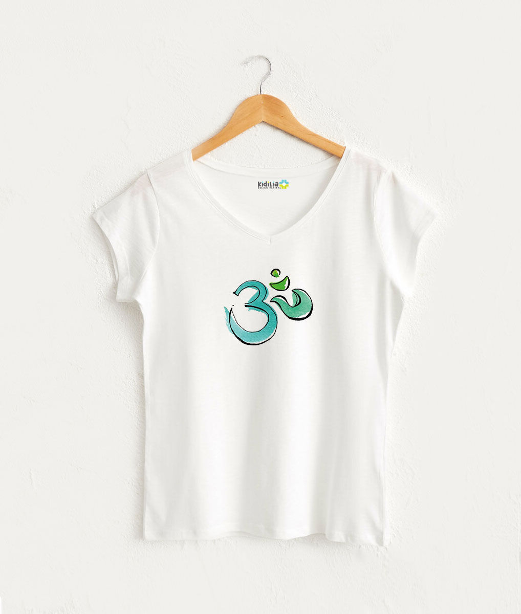 Suluboya Om Sembolü Görselli V Yaka Kadın Beyaz Tasarım Tshirt