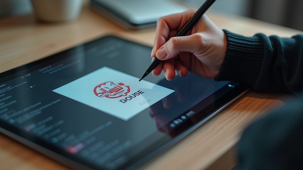 Close-up view of a digital artist sketching a logo on a tablet