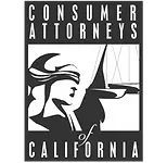 Consumer Attorneys of California text with woman and scales, Law Firm