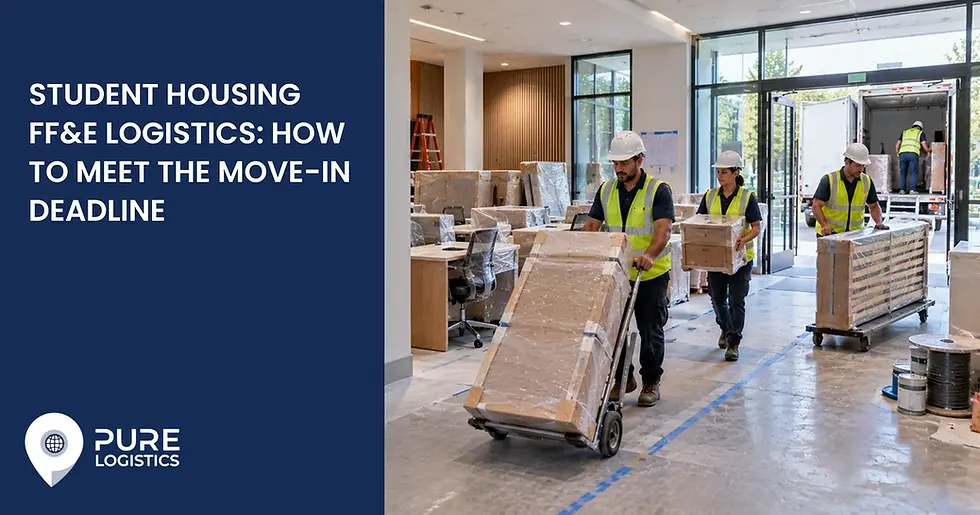 Pure Logistics team managing student housing FF&E bulk installation and delivery for university residence hall project