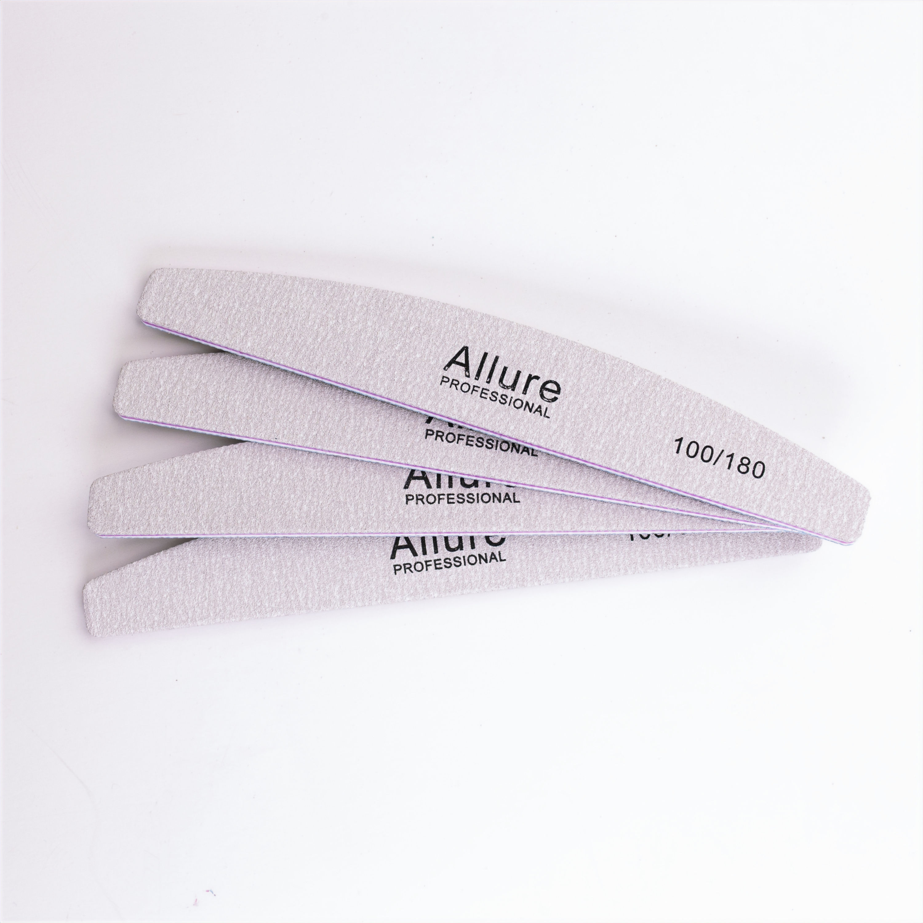 Four white Allure nail files, 100/180 grit