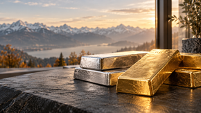 Illustration of gold and silver bars on a charcoal desk with a softly blurred Alpine backdrop