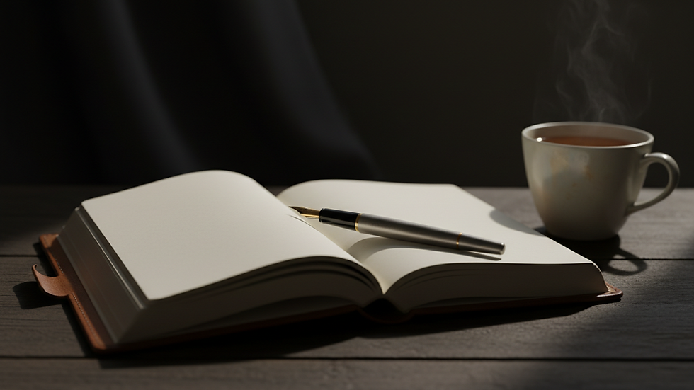 Close-up view of a journal and pen on a wooden table, symbolizing reflection and planning