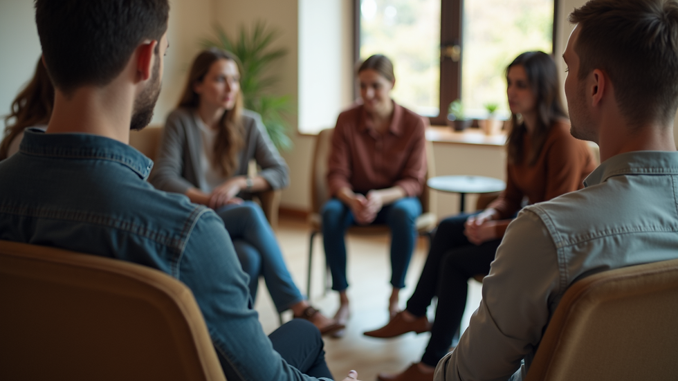 Vista a nivel de ojo de un grupo de personas en círculo durante una sesión de terapia grupal
