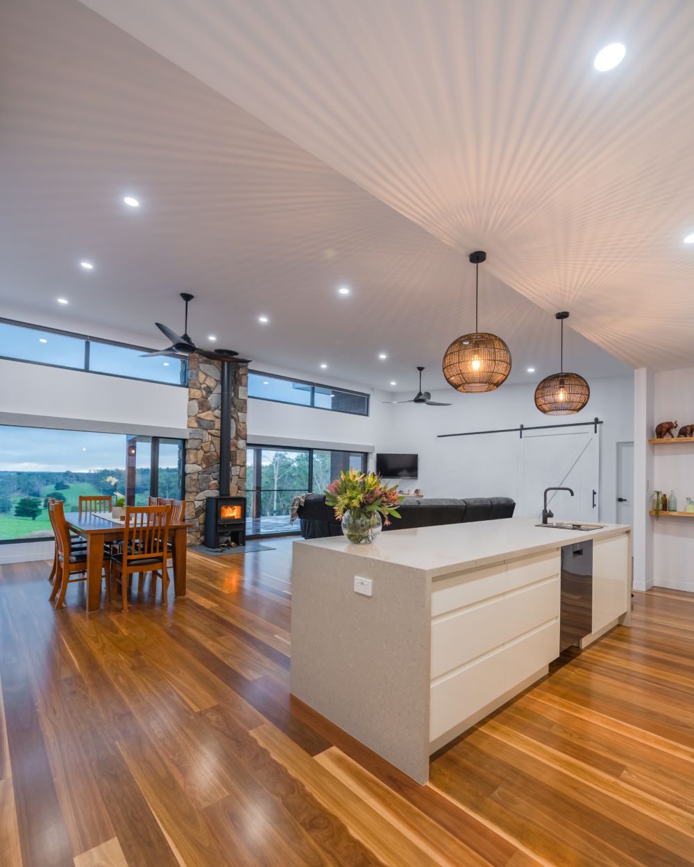 Kitchen, living and dining room in a new home in Glenfyne, Victoria built by Roberts Builders Pty Ltd.