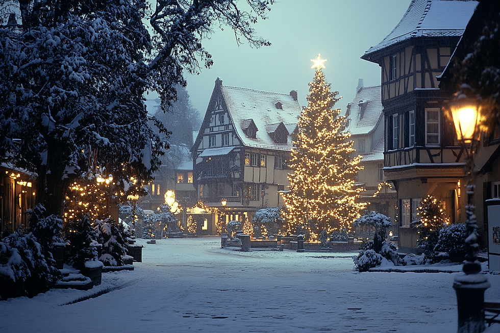 Dorfplatz mit historischen Gebäuden und Weihnachtsbaum
