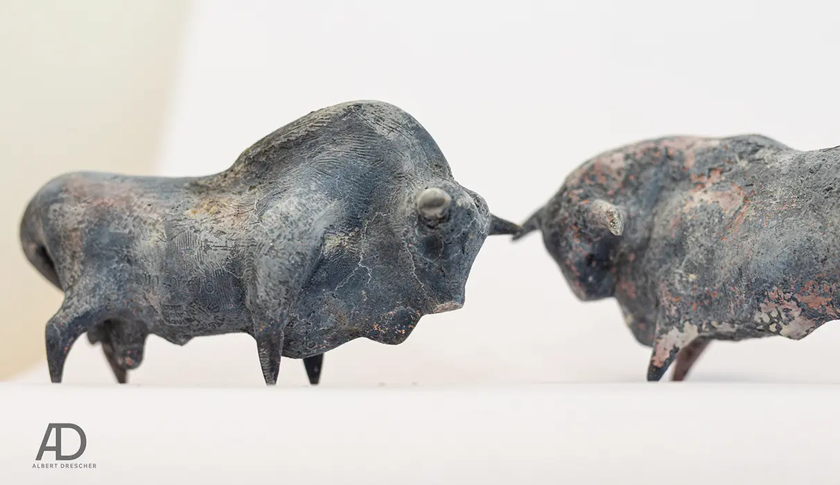 Künstler Gerold Jäggle mit seinen Bronze Stieren