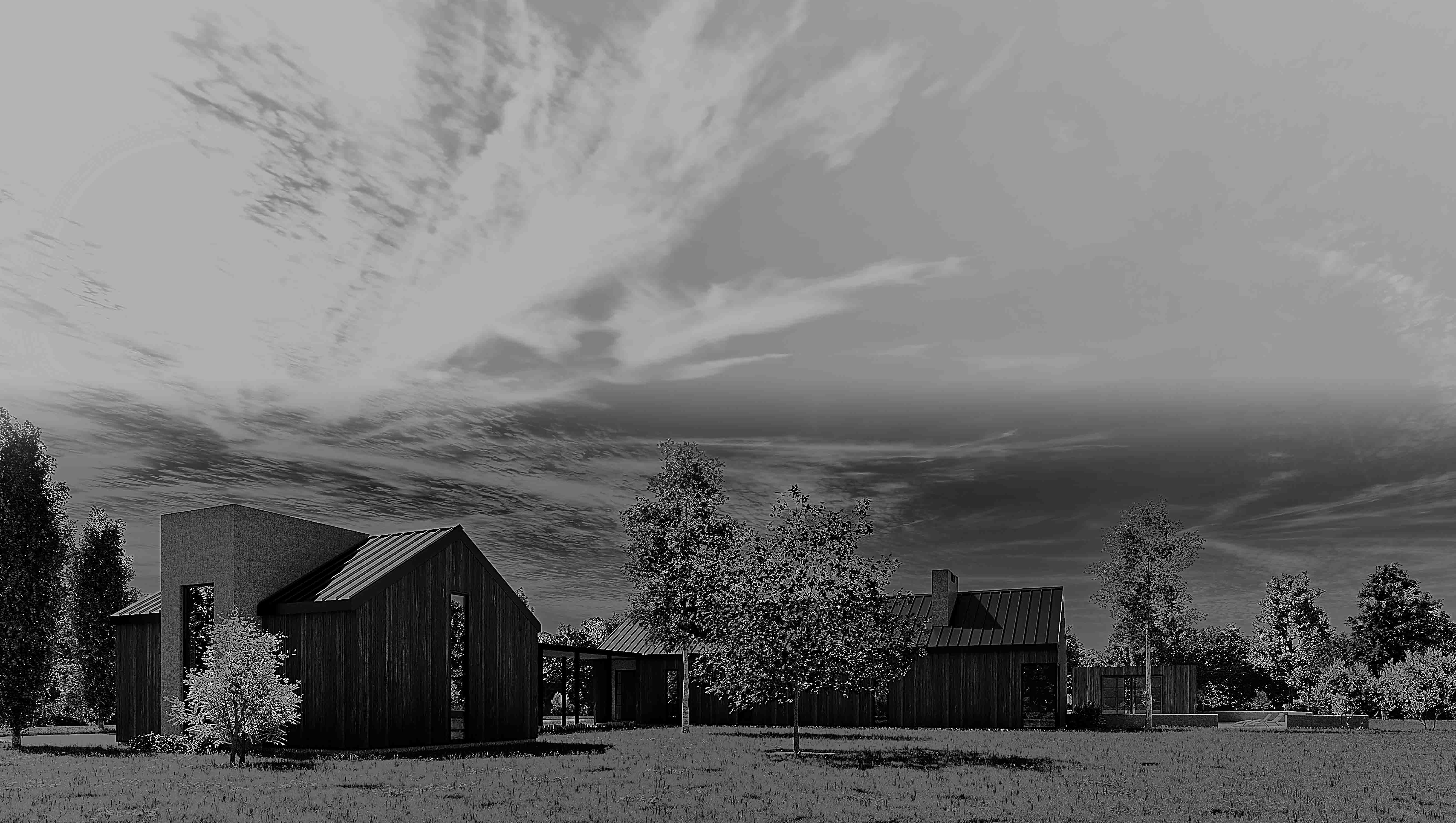 Wide-angle perspective view of our modern farm house residential design for in Napa CA, designed by the Architect Alternative MASTRIDICASA