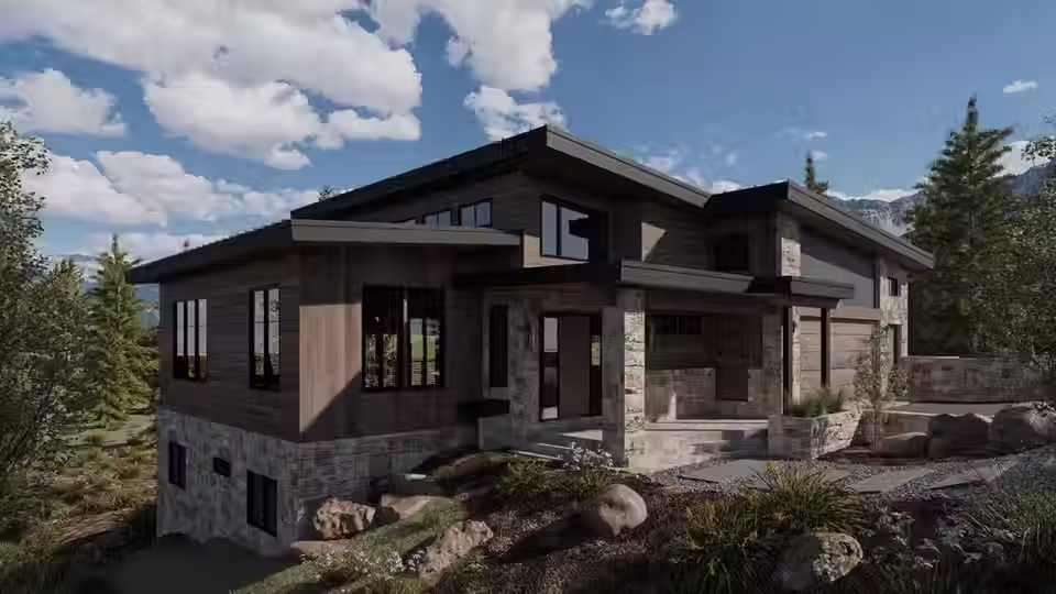 Photo-real rendering of a Truckee CA new mountain modern residential design to be constructed in 2026