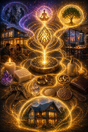 representação de sintonização energética de objetos com energia dourada sendo fixada para emanar proteção, clareza e prosperidade no ambiente