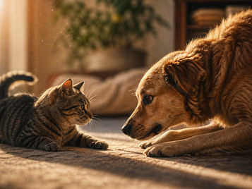 cachorro e gato interagindo de forma tranquila representando o comportamento do pet e a diferença entre briga e comunicação entre animais