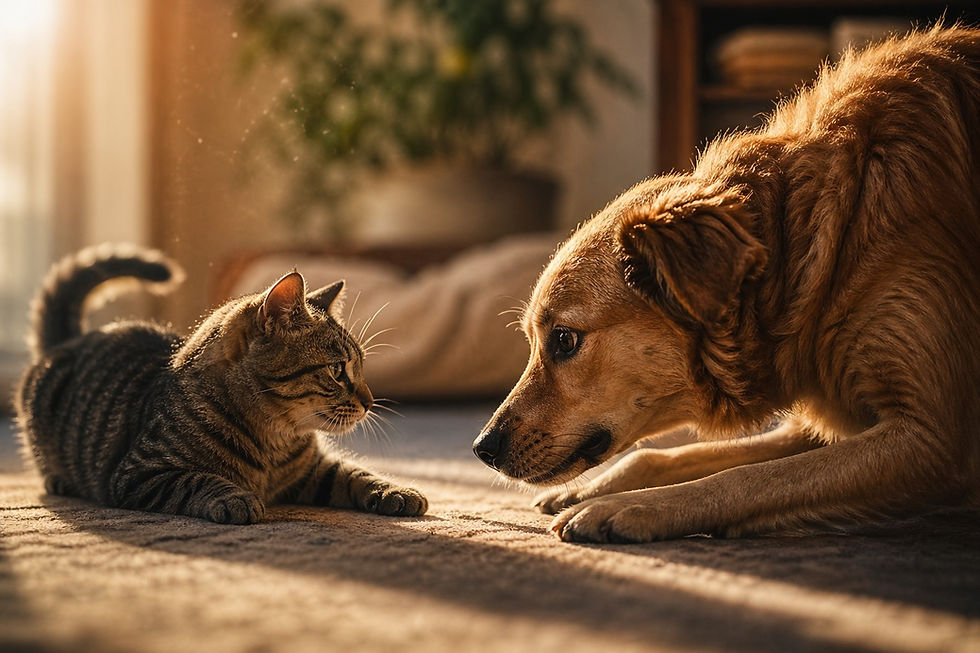 cachorro e gato interagindo de forma tranquila representando o comportamento do pet e a diferença entre briga e comunicação entre animais