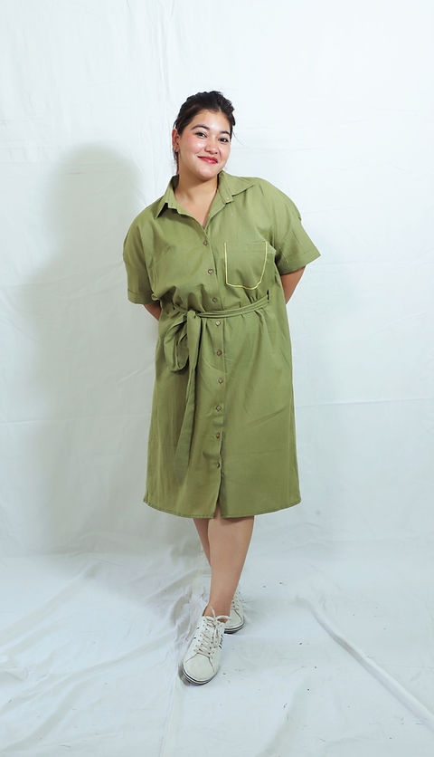 Khaki Green Shirt Dress with Belt | Kacchi Imli Khaki Green Shirt Dress with Belt | Kacchi Imli