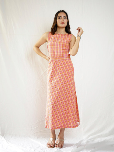 Pink/Yellow Checkered Side Slit Dress | Kacchi Imli