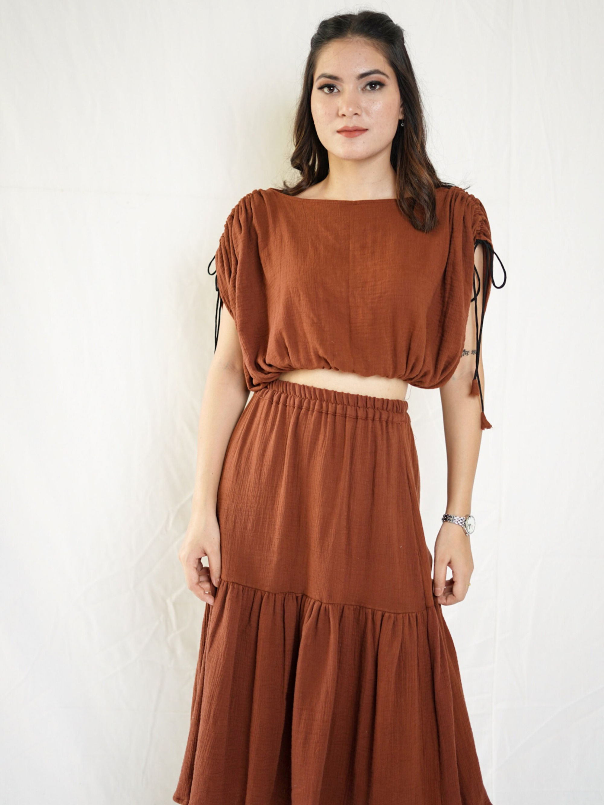Coffee Brown Gather Top and Skirt Co-Ord