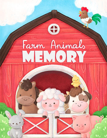 Design for a children’s matching game box with a farm theme, showing a farm scene with cute animals inside: a cow, horse, sheep, rabbit, and pig