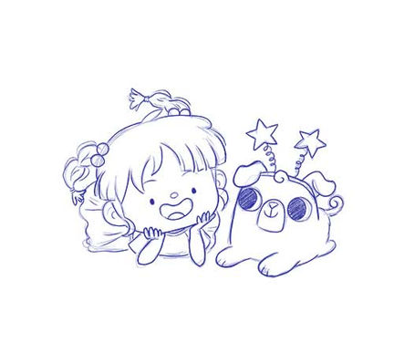 Line sketch of a children’s book cover, showing a girl with braids and a tutu accompanied by her pet wearing a star headband