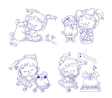 Line sketches of various scenes of a girl and her dog: playing, in a beauty salon, walking with the dog in a baby stroller, and the girl singing while the dog plays the piano, for an illustrated storybook