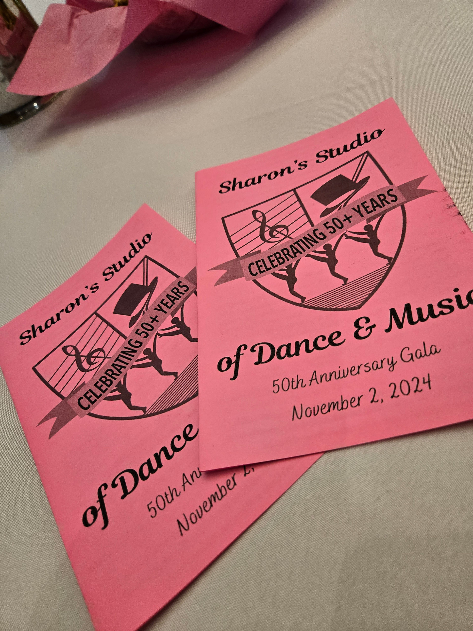 Pink Sharon's Studio brochures celebrating 50+ years of dance and music gala.