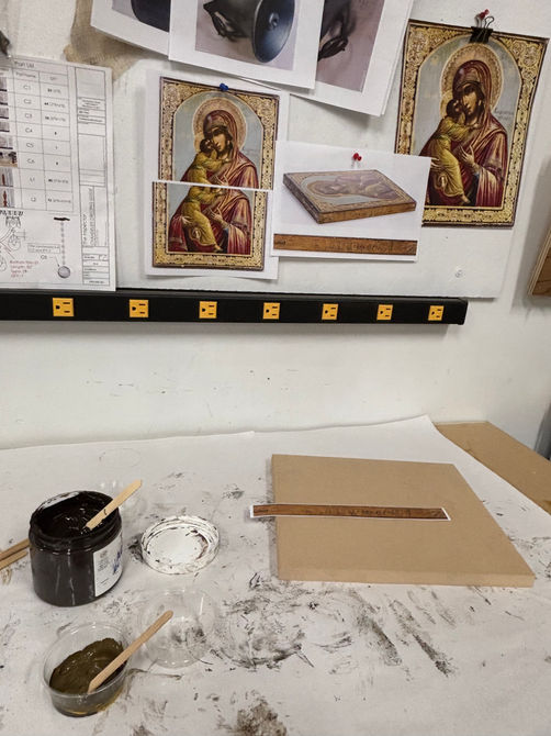 MDF as a base.
Mixing acrylic paint for color matching.