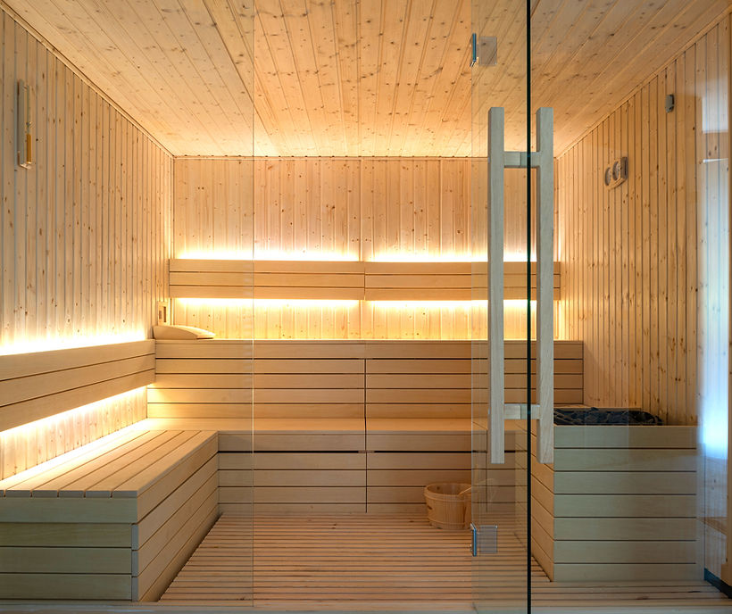 Front view of empty fir sauna infrared sauna room.