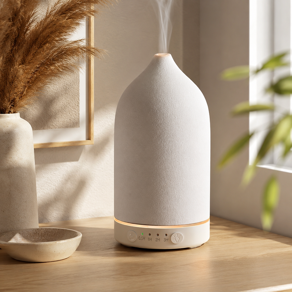Elowen Ceramic Aroma Diffuser with white base styled in a warm contemporary interior