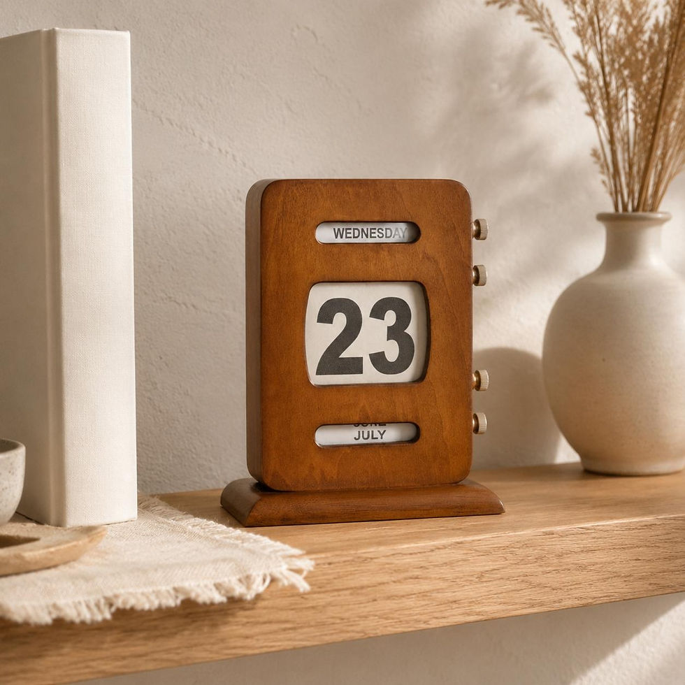 Ledger Perpetual Desk Calendar styled on a warm wooden desk