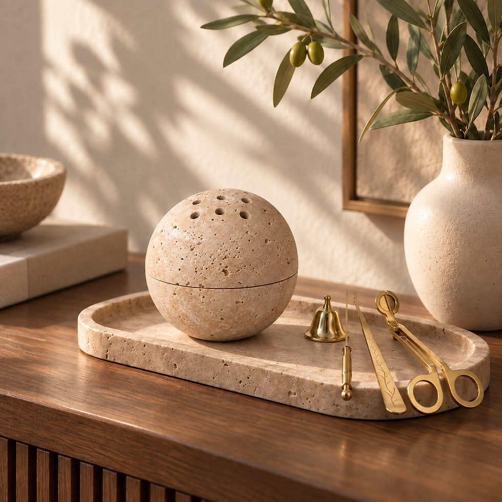 Travertine Sphere Incense Holder styled on a stone tray in a warm contemporary interior