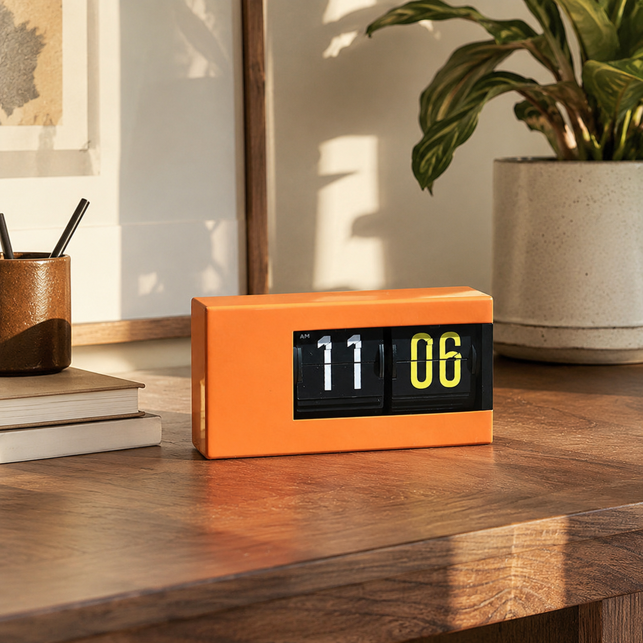Retro flip clock in orange on a wooden table