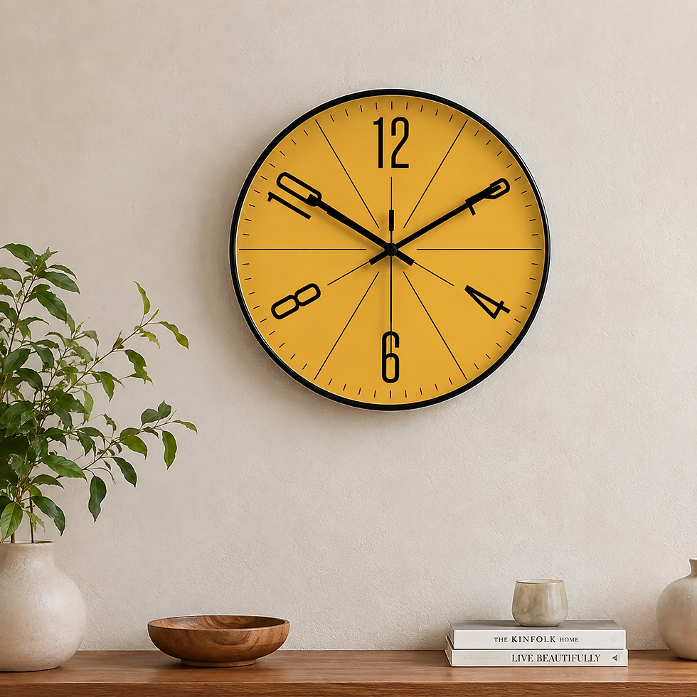 The Meridian yellow wall clock with black frame in a warm natural interior