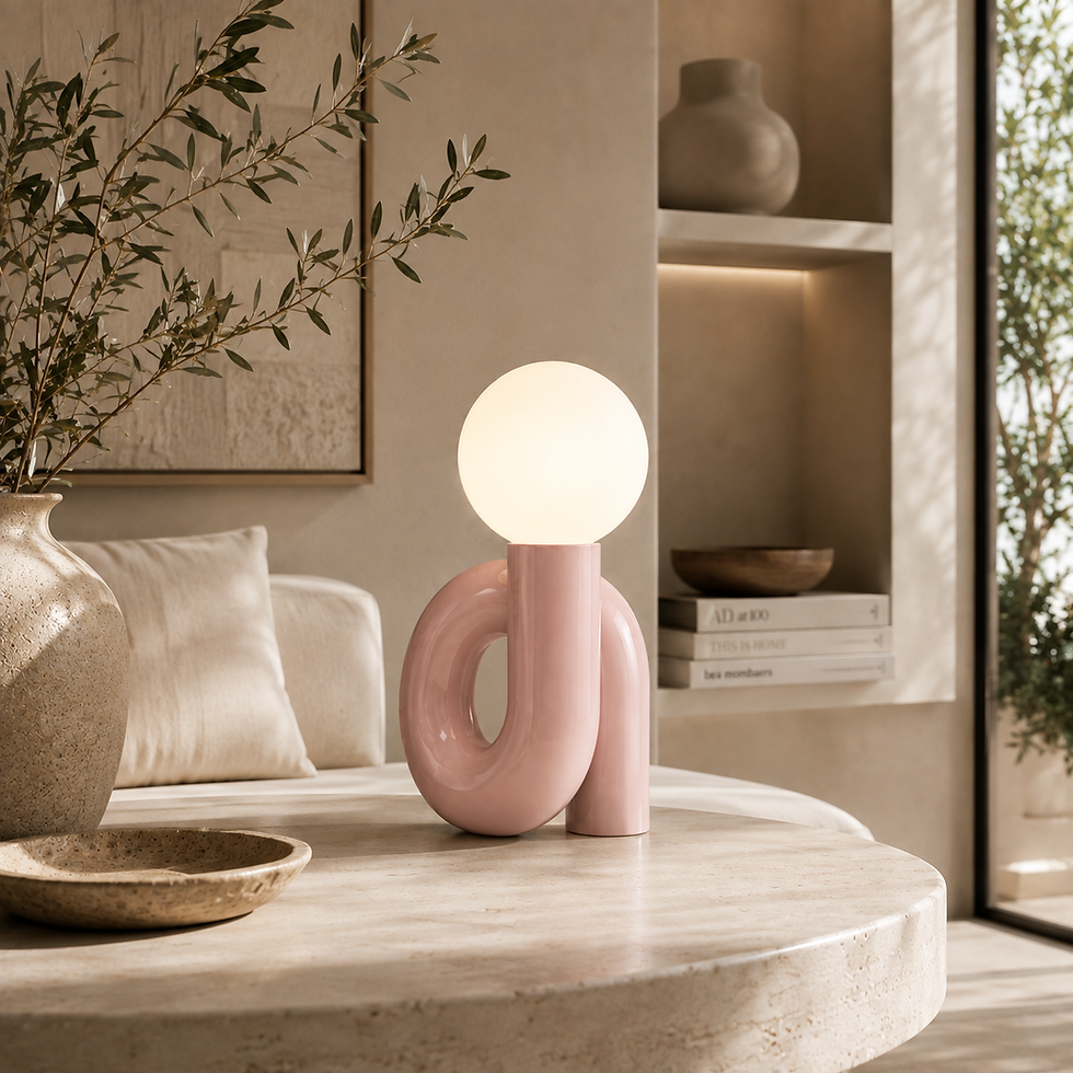 Orb sculptural table lamp with a curved pink base in a warm contemporary bedroom interior