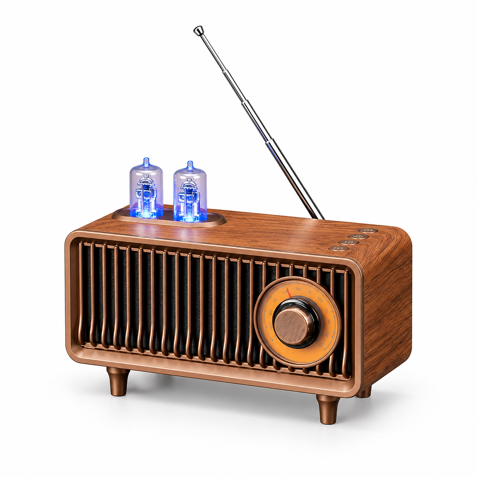 Heritage Bluetooth Radio Speaker with antenna and illuminated tube-style details on a white background