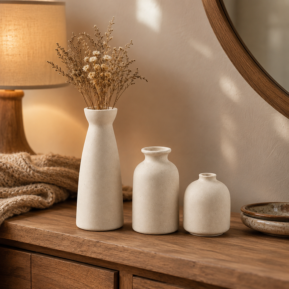 Ivory ceramic vase set styled with dried flowers on a wooden sideboard