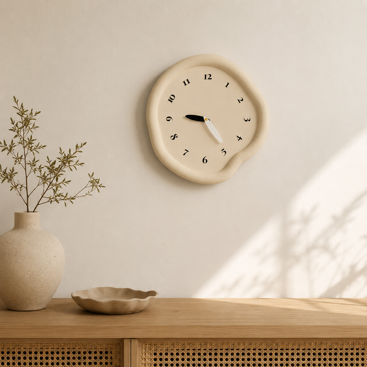 Contour Wall Clock in soft ivory with an organic sculptural silhouette.
