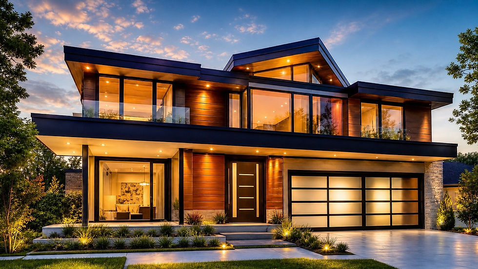 Modern house at dusk with illuminated windows