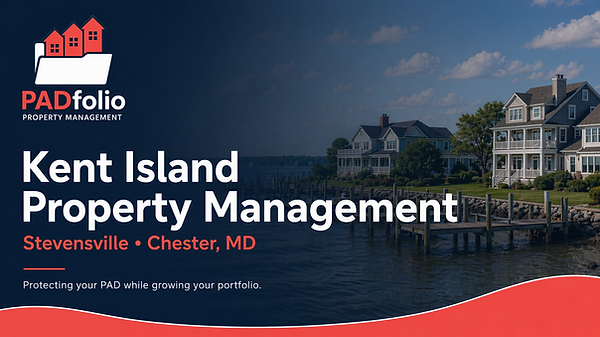 PADfolio Property Management graphic showing a scenic Kent Island waterfront with upscale coastal homes, docks, and blue sky.