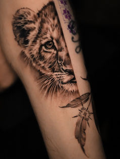 conceptual tattoo, leg sleeve, Leo zodiac tattoo