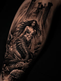 Realistic black&grey mermaid tattoo underwater scene