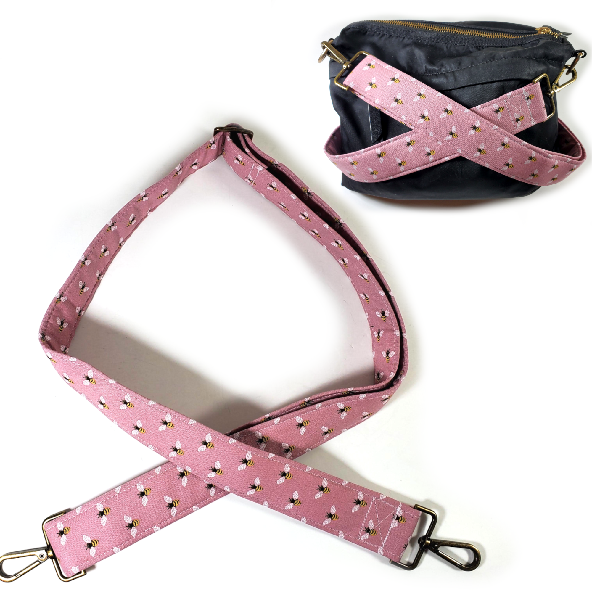Bees on Pink Guitar Style Bag Strap - Bee Purse Strap-Custom Hardware Color-