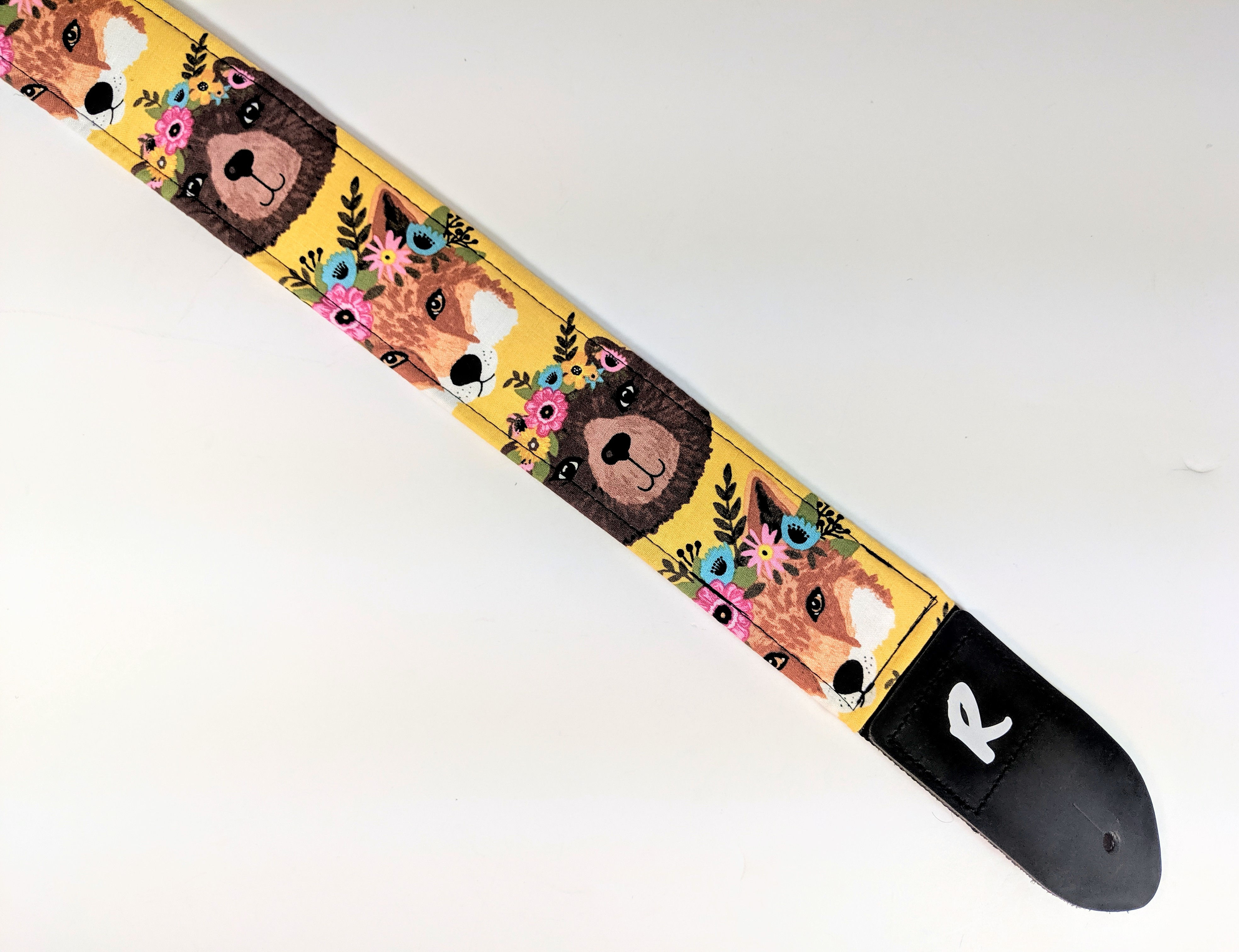 Fox Bear Guitar Strap - Animal Flower Crown Guitar Strap - Fox Bear Flower Crown