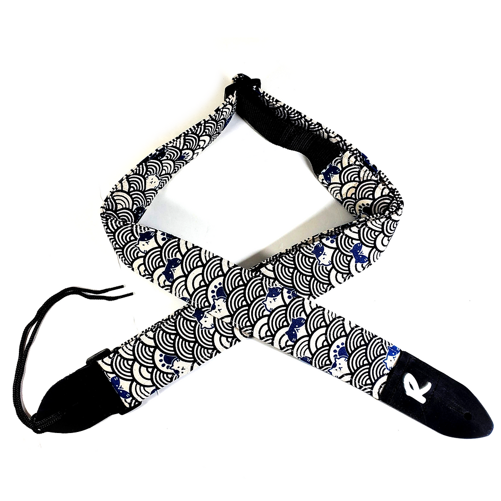 Thumbnail: Japanese Wave With Cats and Paws Guitar Strap - Ocean Guitar Strap - Abstract