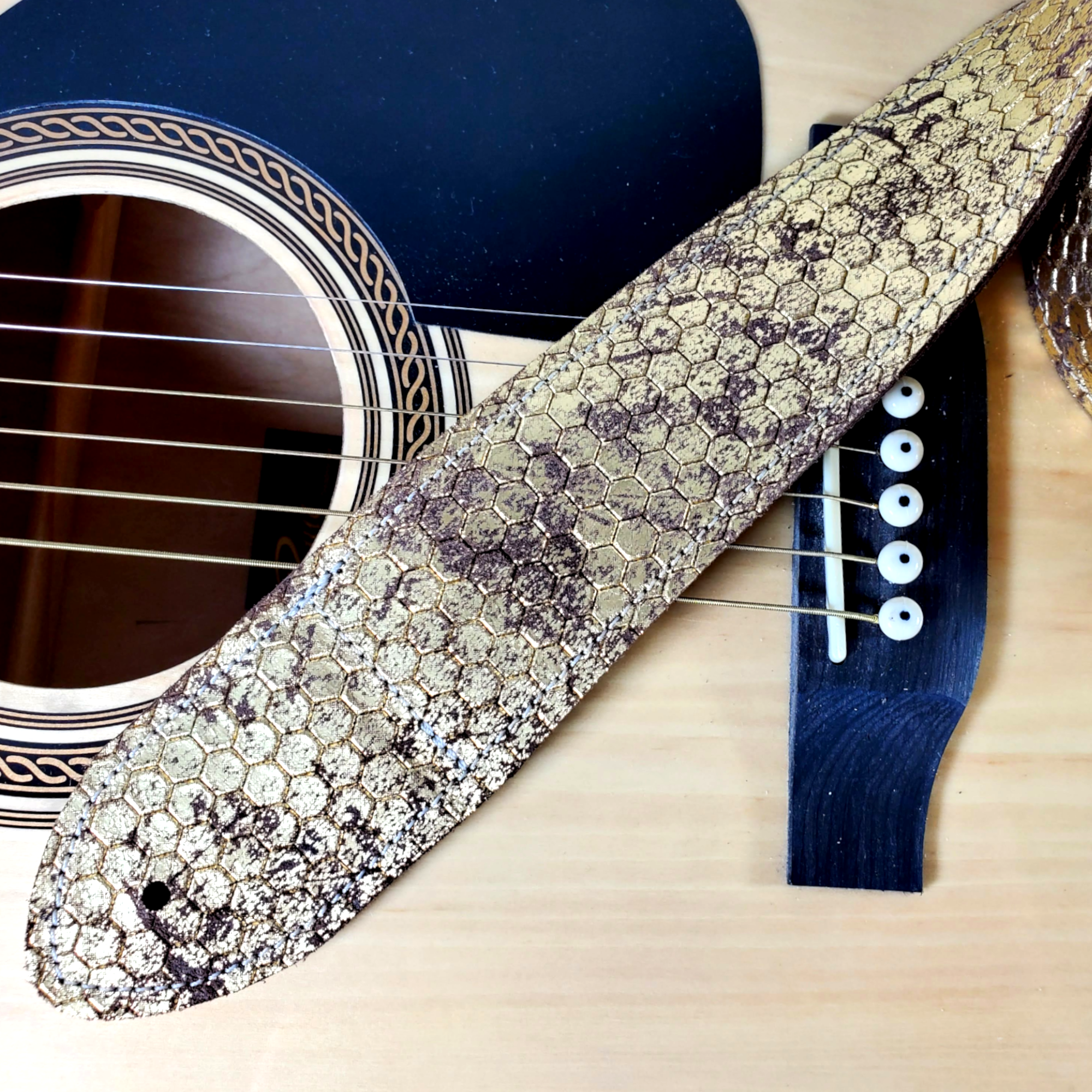 Gold Honey Comb Premium Leather Guitar Strap-Metallic Gold Leather Guitar Strap